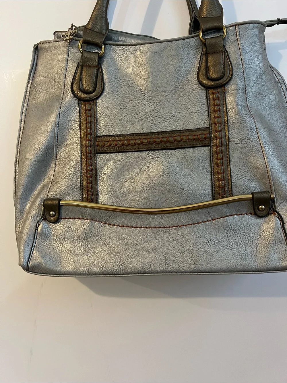 Limelight Metallic Silver Tote Bag, Brown Trim, Braided Detail & Floral Lining - Picture 4 of 16